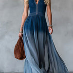 V-neck Denim Patchwork Chiffon Sleeveless Maxi Dress