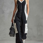 Casual Retro Sporty Black And White Color-blocked V-neck Half-zip Jumpsuit