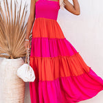 Sleeveless Elegance Suspender Dress with Splicing Wooden Ears Colorblock Maxi Dress