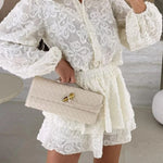 Unique Lace Texture Fabric Balloon Sleeve Blouse and Elastic Waist Layered Skirt Set
