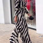 Long Sleeves Wide Leg Split-Joint Tied Waist Zebra Printed Lapel Jumpsuits
