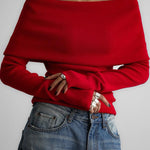 Long Sleeves Loose Solid Color Off-The-Shoulder Pullovers Sweater Tops