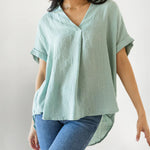 Short Sleeve V-Neck Shirt Button Down Back Irregular Hem T-Shirt Tops