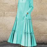 A-Line Long Sleeves Buttoned Layered Pleated Pockets Ruffled Solid Color Split-Joint Stand Collar Maxi Dresses