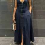 High Waisted Loose Solid Color Split-Front Zipper V-Neck Maxi Dresses