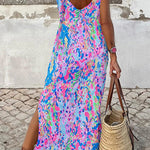Purple Fluorescent Printed Round Neck Sleeveless Maxi Dress