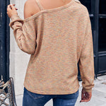 Slash Neck Strap Solid Color Knit Loose Top Pullover