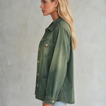 Vintage Utility Olive Green Ombre Gold Button Oversized Denim Shirt Jacket