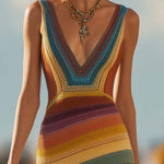 Retro Western Style V-Neck Colorful Striped Breathable Knitted Maxi Dress