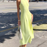 Summer A-Line Knitted Midi Dress Women Sleeveless Solid Sexy Long Dress
