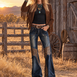 Retro Western Leopard Patchwork Dark Wash Mid Rise Flare Jeans