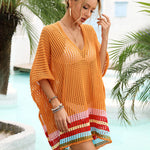 Hollow Out Beach Swimsuit Coverups Oversized Short Sleeve V Neck Loose Knit Bikini Cover Up