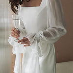 Flared Sleeves Skinny Gauze Pleated See-Through Solid Color Split-Joint Square-Neck Maxi Dresses
