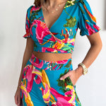Floral Print V Neck Short Sleeves Crop Top Elastic Waist Wide Leg Pants Set