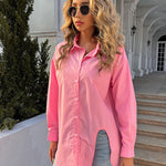 Nadorine Long Sleeve Lapel Cardigan Top Simple Solid Color Loose Fashion Casual Shirt