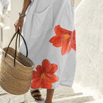 Half Sleeves Loose Flower Print V-Neck Midi Dresses
