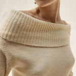 Nadorine Chic Off Shoulder Sweater Solid Basic Sexy Slim Fit Crop Top
