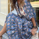 Bohemian Unique Print Puff Sleeve Lace-up Loose Holiday Maxi Dress