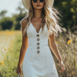 Retro Casual V-Neck Front Button White Denim Mini Dress