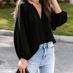 Nadorine V Neck Chiffon Plain Long Sleeve Loose Casual Work Office Blouses