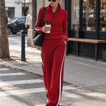 Casual Retro Striped-Trim Red Knitted Half-Zip Top and Wide-Leg Pants Set