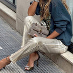 Retro Straight Silver Loose Pocket Wide-leg Pants