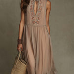 Lightweight And Comfortable Embroidered Tie-neck Sleeveless Midi Dress.