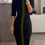 Bodycon Half Sleeves Contrast Color Striped Stand Collar Midi Dresses