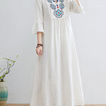 Loose Embroidered Floral Cotton Linen V-Neck 3/4 Sleeve Dress