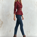 Vintage Military Burgundy Gold Button Zip Front Pintuck Waist Fitted Peplum Jacket