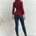 Vintage Military Burgundy Gold Button Zip Front Pintuck Waist Fitted Peplum Jacket