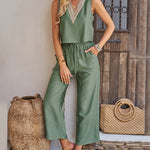 Solid Color Two Piece Outfits Sleeveless Deep V Neck Crop Tank Top with Wide Leg Pants Set with Pockets