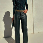 Stylish Faux Leather Pocketed Straight Stretch Pants