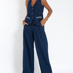 Nadorine Casual Denim Two-piece Set Sleeveless Vest and Long Wide-leg Jeans Pants