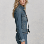 Classic Western Stand Collar Zip Up Fitted Cropped Medium Wash Denim Jacket