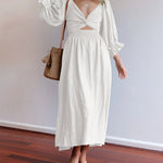 Rope Belt Ruffle Balloon Sleeve Dress Multi-Wear Elegant Midi Dress