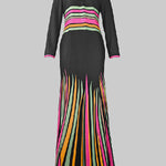 Long Sleeves Skinny Colorful Contrast Color Striped V-Neck Maxi Dresses
