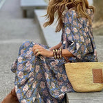 Bohemian Unique Print Puff Sleeve Lace-up Loose Holiday Maxi Dress