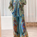 Margovil Birds Printed Puff Long Sleeves Blouse Shirt Wide Leg Pants Vacation Set