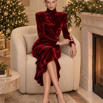 Vintage-elegant Burgundy High-neck Pleated Velvet Midi Dress
