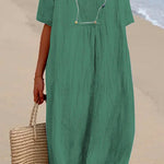 Margovil V Neck Short Sleeve Baggy Cotton Linen Midi Dress