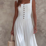 Vintage Square-neck Pleated Waist Cotton Linen Jumpsuit