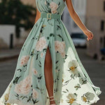 Light Green Floral Ruched One Shoulder A-Line Maxi Chiffon Dress