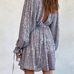 V Neck Balloon Sleeves Backless Drawstring Sequin Dress