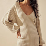 Nadorine Women's Casual Solid Color Knitted Dress V-neck Sweater Dress