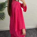 Two-Piece Set Long Sleeve Shirt Solid Color Pleated Elastic Waist Long Pants