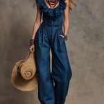 Boho-Vintage Elegant Tencel Faux-Denim Ruffle Jumpsuit