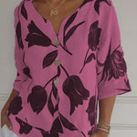 Printed Linen-Cotton V-Neck Pullover Shirt