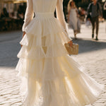 Tiered Ruffle Long Sleeve Pleated Maxi Dress