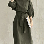 Mid Length High Waist Lace Up Dress Mid Sleeve Cotton Linen Round Neck Dress